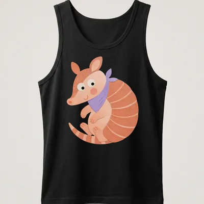 Kawaii style armadillo in violet, pink, orange, and white colors. — printed on a tank top