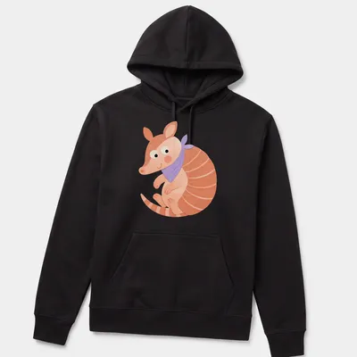Kawaii style armadillo in violet, pink, orange, and white colors. — printed on a unisex hoodie