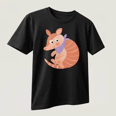 Kawaii style armadillo in violet, pink, orange, and white colors. — printed on a unisex t-shirt (angled view)