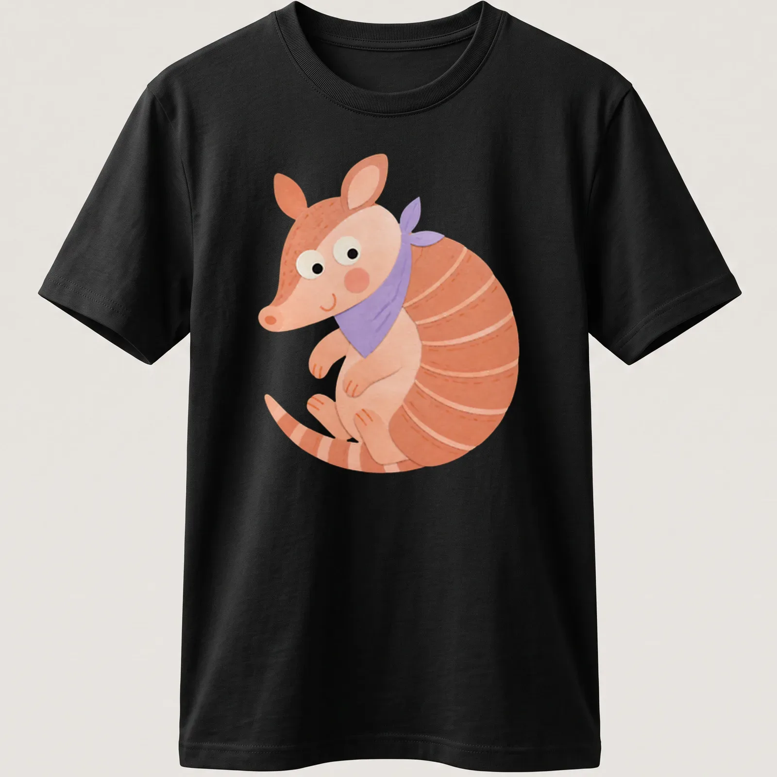 Kawaii style armadillo in violet, pink, orange, and white colors. — printed on a unisex t-shirt