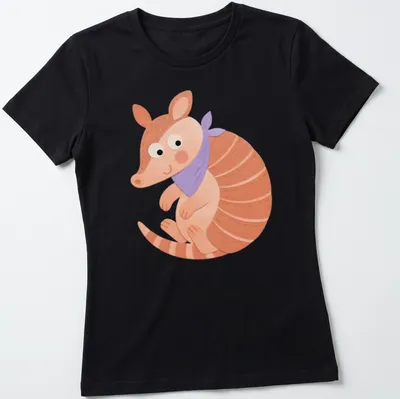 Kawaii style armadillo in violet, pink, orange, and white colors. — printed on a women's shirt