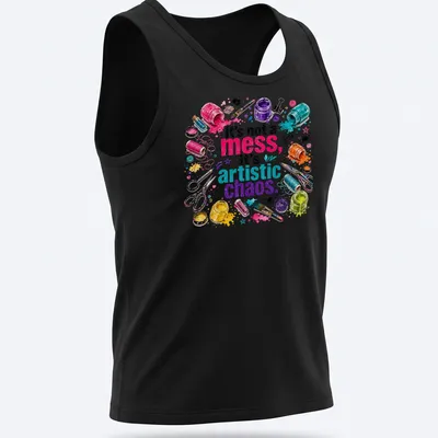 Colorful watercolor print featuring crafting supplies and the phrase 'It's not a mess, it's artistic chaos.' — printed on a tank top