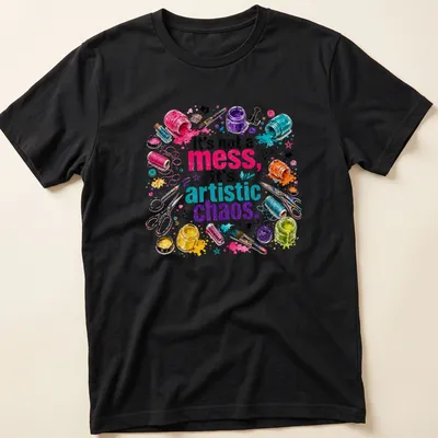 Colorful watercolor print featuring crafting supplies and the phrase 'It's not a mess, it's artistic chaos.'