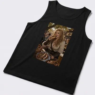 Realistic illustration of a woman eating bratwurst in festival colors — printed on a tank top