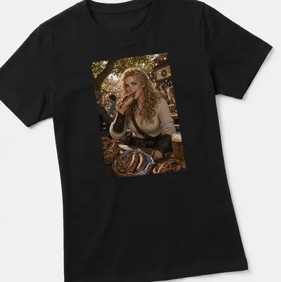 Realistic illustration of a woman eating bratwurst in festival colors — printed on a women's shirt