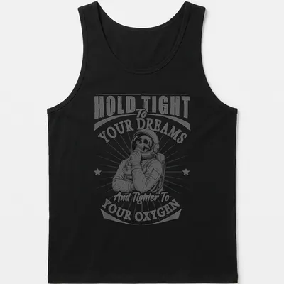 Skeleton astronaut graphic with text about dreams and oxygen in vintage style — printed on a tank top