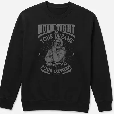 Skeleton astronaut graphic with text about dreams and oxygen in vintage style — printed on a unisex sweatshirt