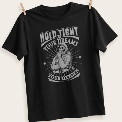 Skeleton astronaut graphic with text about dreams and oxygen in vintage style