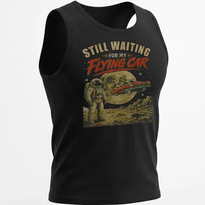 Retro astronaut t-shirt with nostalgic text about flying cars in beige and black. — printed on a tank top