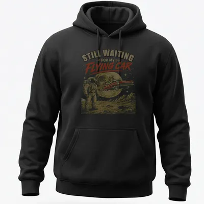 Retro astronaut t-shirt with nostalgic text about flying cars in beige and black. — printed on a unisex hoodie
