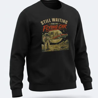 Retro astronaut t-shirt with nostalgic text about flying cars in beige and black. — printed on a unisex sweatshirt