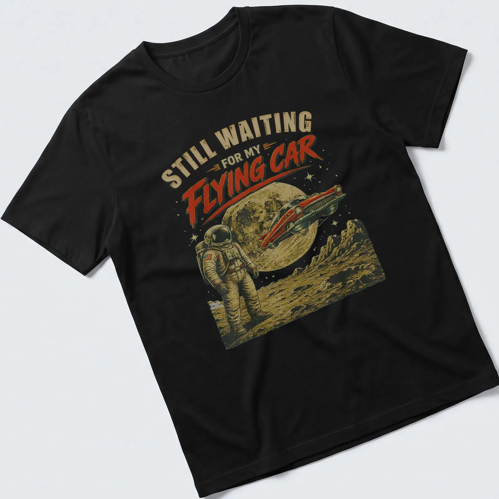 Retro astronaut t-shirt with nostalgic text about flying cars in beige and black. — printed on a unisex t-shirt