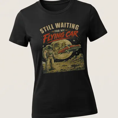 Retro astronaut t-shirt with nostalgic text about flying cars in beige and black. — printed on a women's shirt