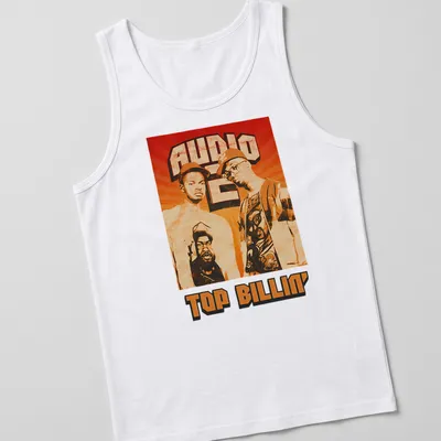 Retro distressed Audio Two Top Billin' T-shirt featuring two men in orange, brown, black, and white — printed on a tank top