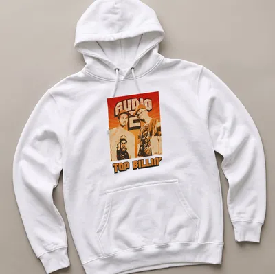 Retro distressed Audio Two Top Billin' T-shirt featuring two men in orange, brown, black, and white — printed on a unisex hoodie