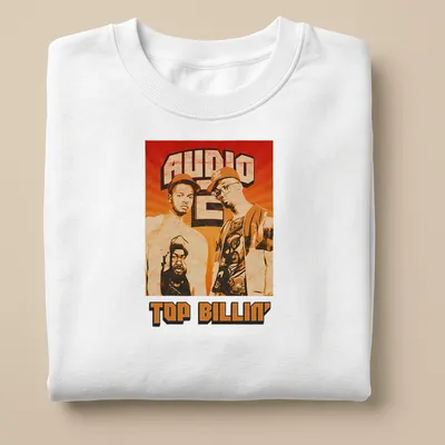 Retro distressed Audio Two Top Billin' T-shirt featuring two men in orange, brown, black, and white — printed on a unisex sweatshirt