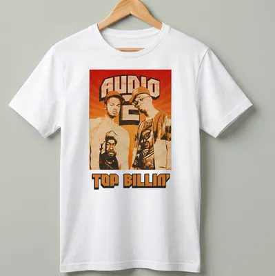 Retro distressed Audio Two Top Billin' T-shirt featuring two men in orange, brown, black, and white