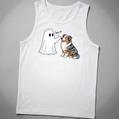 Cartoon Australian Shepherd with Halloween themed 'boo-P' text in vibrant colors — printed on a tank top