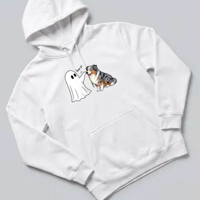 Cartoon Australian Shepherd with Halloween themed 'boo-P' text in vibrant colors — printed on a unisex hoodie