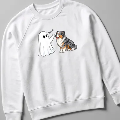 Cartoon Australian Shepherd with Halloween themed 'boo-P' text in vibrant colors — printed on a unisex sweatshirt
