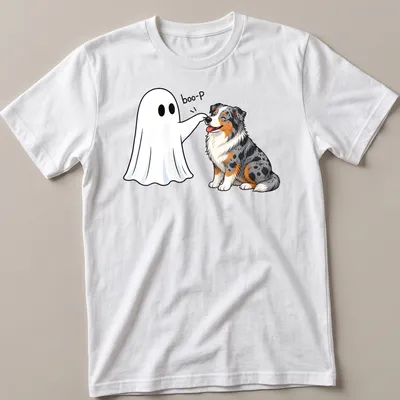 Cartoon Australian Shepherd with Halloween themed 'boo-P' text in vibrant colors