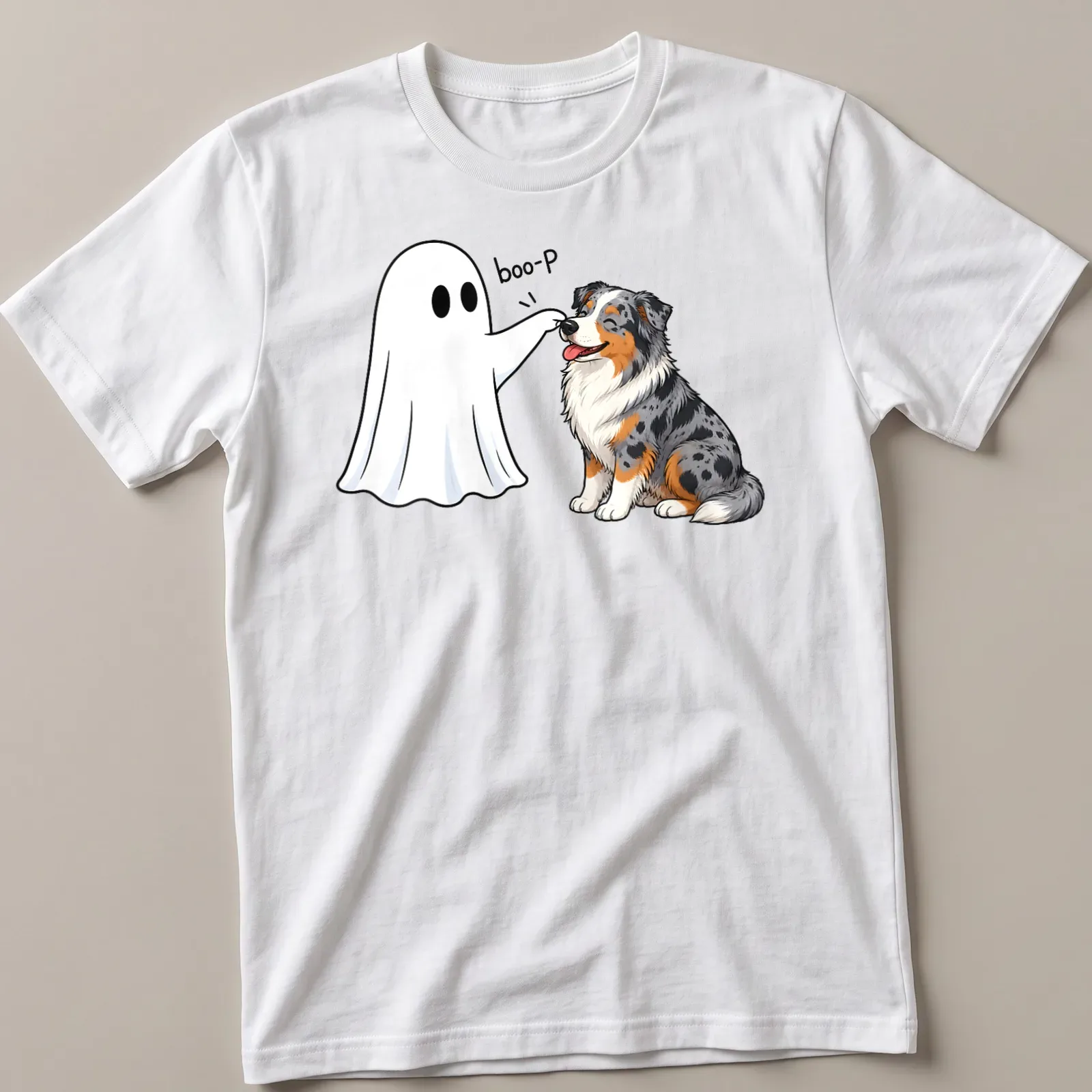 Cartoon Australian Shepherd with Halloween themed 'boo-P' text in vibrant colors — printed on a unisex t-shirt