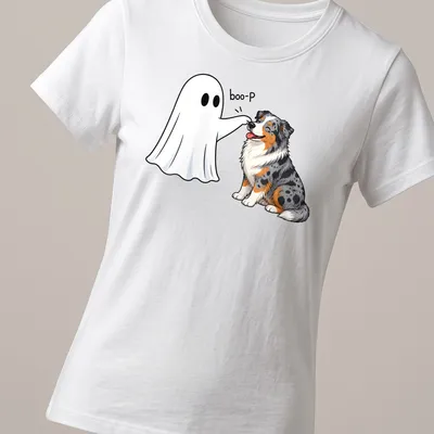 Cartoon Australian Shepherd with Halloween themed 'boo-P' text in vibrant colors — printed on a women's shirt