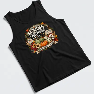 Vintage floral design featuring pumpkins and autumn harvest elements with colorful text — printed on a tank top
