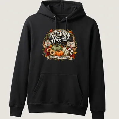 Vintage floral design featuring pumpkins and autumn harvest elements with colorful text — printed on a unisex hoodie