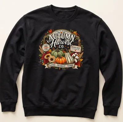 Vintage floral design featuring pumpkins and autumn harvest elements with colorful text — printed on a unisex sweatshirt