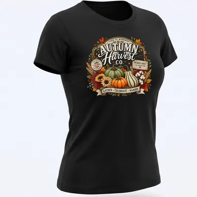 Vintage floral design featuring pumpkins and autumn harvest elements with colorful text — printed on a women's shirt