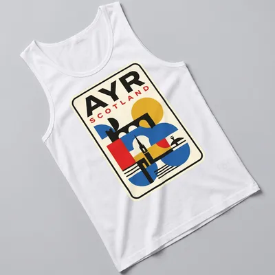 Retro geometric design of Ayr Scotland skyline with vibrant colors — printed on a tank top
