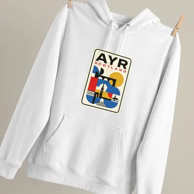 Retro geometric design of Ayr Scotland skyline with vibrant colors — printed on a unisex hoodie