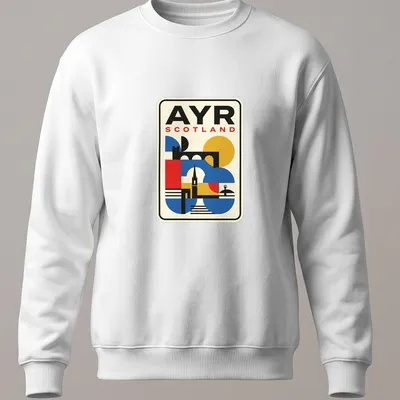 Retro geometric design of Ayr Scotland skyline with vibrant colors — printed on a unisex sweatshirt