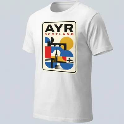 Retro geometric design of Ayr Scotland skyline with vibrant colors