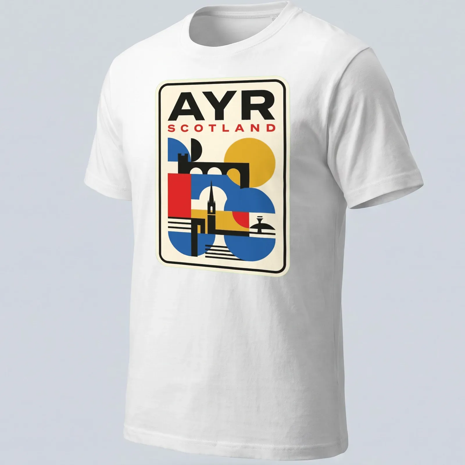 Retro geometric design of Ayr Scotland skyline with vibrant colors — printed on a unisex t-shirt