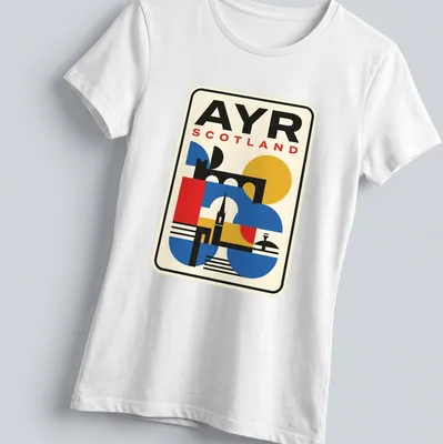 Retro geometric design of Ayr Scotland skyline with vibrant colors — printed on a women's shirt