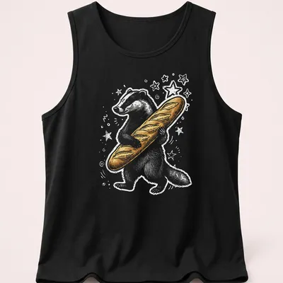 Whimsical illustration of a badger holding a baguette in gold and gray tones. — printed on a tank top