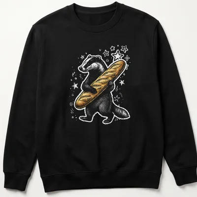 Whimsical illustration of a badger holding a baguette in gold and gray tones. — printed on a unisex sweatshirt