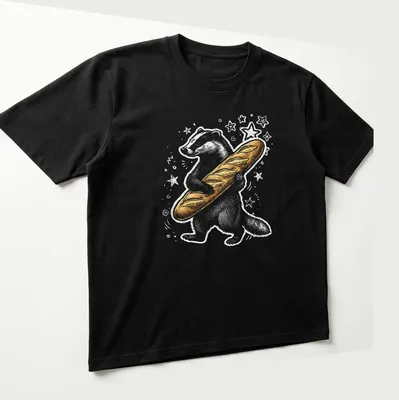 Whimsical illustration of a badger holding a baguette in gold and gray tones. — printed on a unisex t-shirt (angled view)