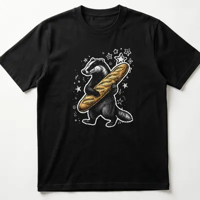 Whimsical illustration of a badger holding a baguette in gold and gray tones.