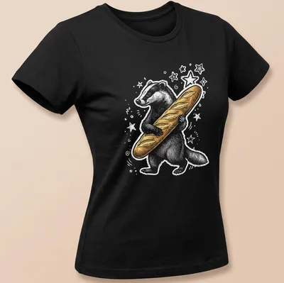Whimsical illustration of a badger holding a baguette in gold and gray tones. — printed on a women's shirt