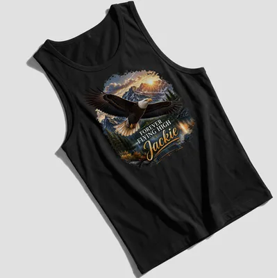 Realistic Bald Eagle in flight with text Forever Flying High Jackie 2012-2026 — printed on a tank top