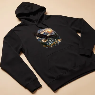 Realistic Bald Eagle in flight with text Forever Flying High Jackie 2012-2026 — printed on a unisex hoodie