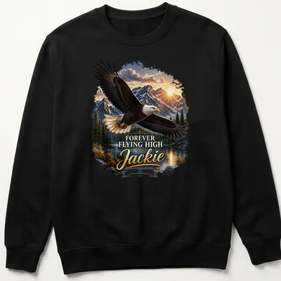 Realistic Bald Eagle in flight with text Forever Flying High Jackie 2012-2026 — printed on a unisex sweatshirt