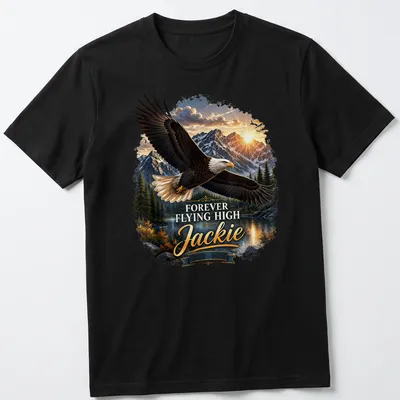 Realistic Bald Eagle in flight with text Forever Flying High Jackie 2012-2026