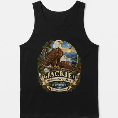 Bald Eagle illustration with memorial text for Jackie on a nature-themed — printed on a tank top
