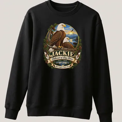 Bald Eagle illustration with memorial text for Jackie on a nature-themed — printed on a unisex sweatshirt