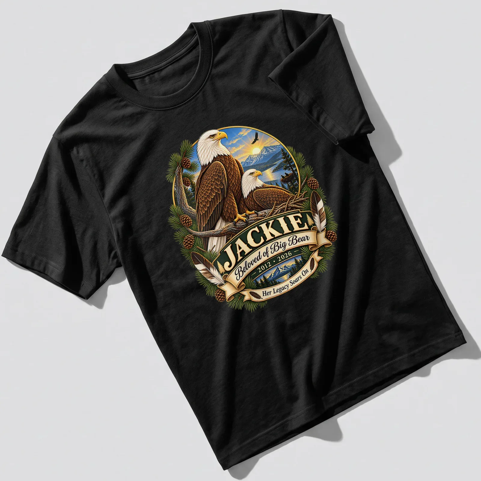 Bald Eagle illustration with memorial text for Jackie on a nature-themed — printed on a unisex t-shirt