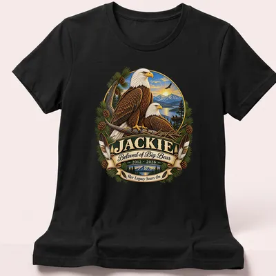 Bald Eagle illustration with memorial text for Jackie on a nature-themed — printed on a women's shirt